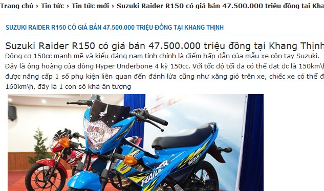 Suzuki Raider R150 chinh hang gia 475 trieu dong