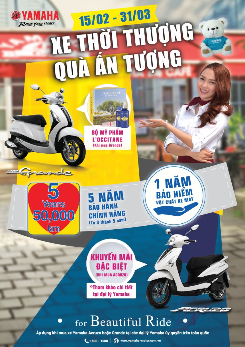 Chuong trinh Xe thoi thuong Qua an tuong danh cho hai dong xe Yamaha Nozza Grande va Yamaha Acruzo