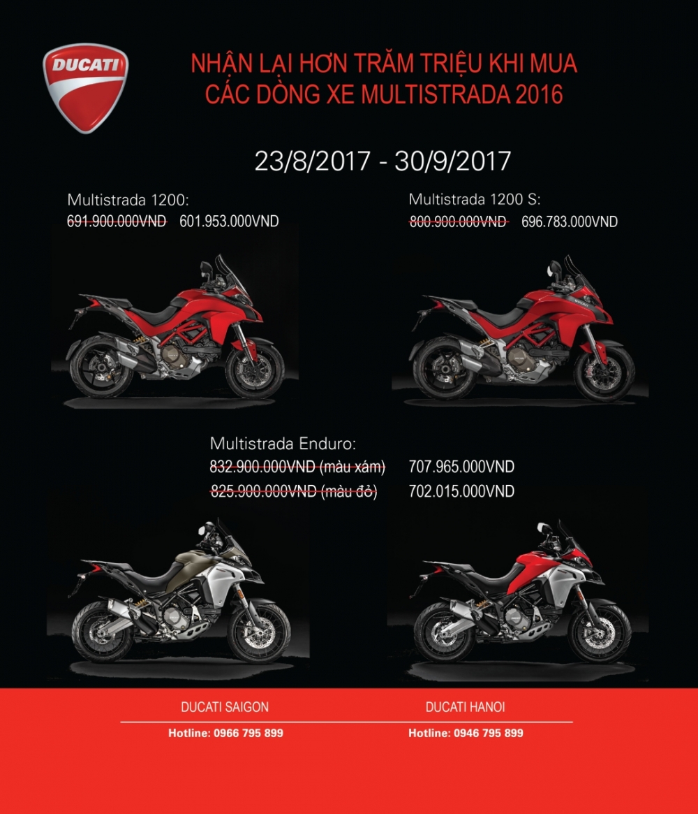 Ducati việt nam tung chương trình khuyến mãi khi mua multistrada và monster 797 hoàn toàn mới